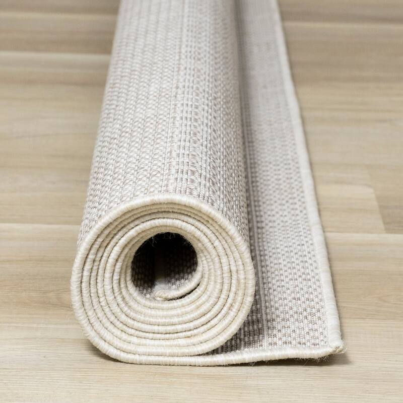 Cabana Collection - Cream Beige Subtle Neutral Striped Indoor-Outdoor Area Rug