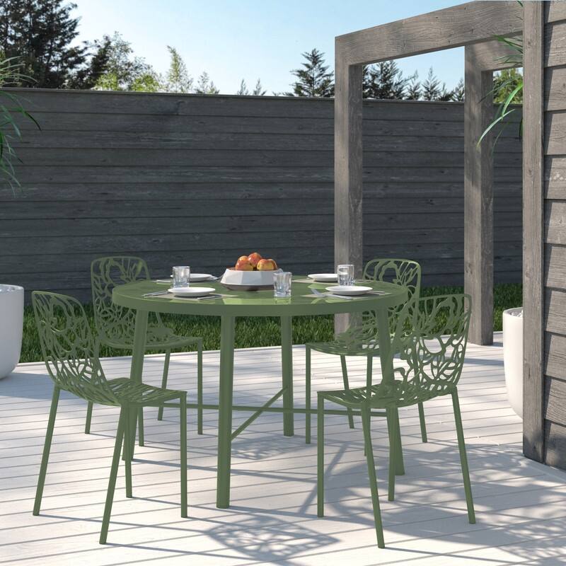 Devon Stackable Outdoor Aluminum Dining Chair with Floral Cutout, UV-Protected, Weather-Resistant Patio Seating - Khaki Green
