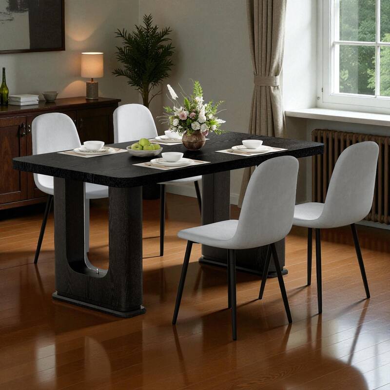 5-Piece 64.5" Black Wood Dining Table Set with Glass-Inlay Legs and 4 Linen-Cotton Chairs, Modern Dining Room Furniture