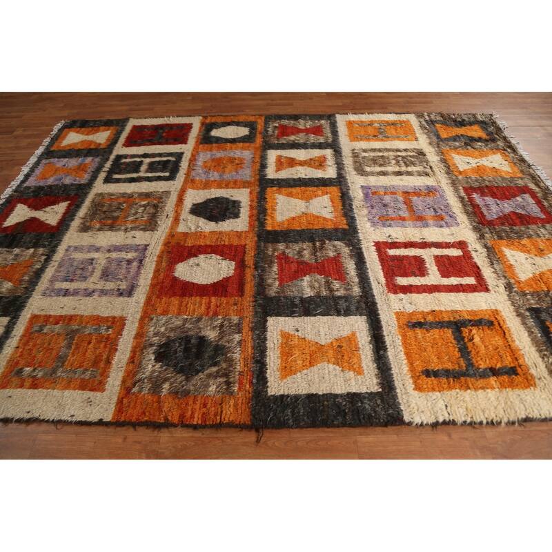Hand Knotted Oriental 100% Wool Carpet Modern Tribal Multi-Colored Moroccan Area Rug - 9' 7'' X 6' 9''