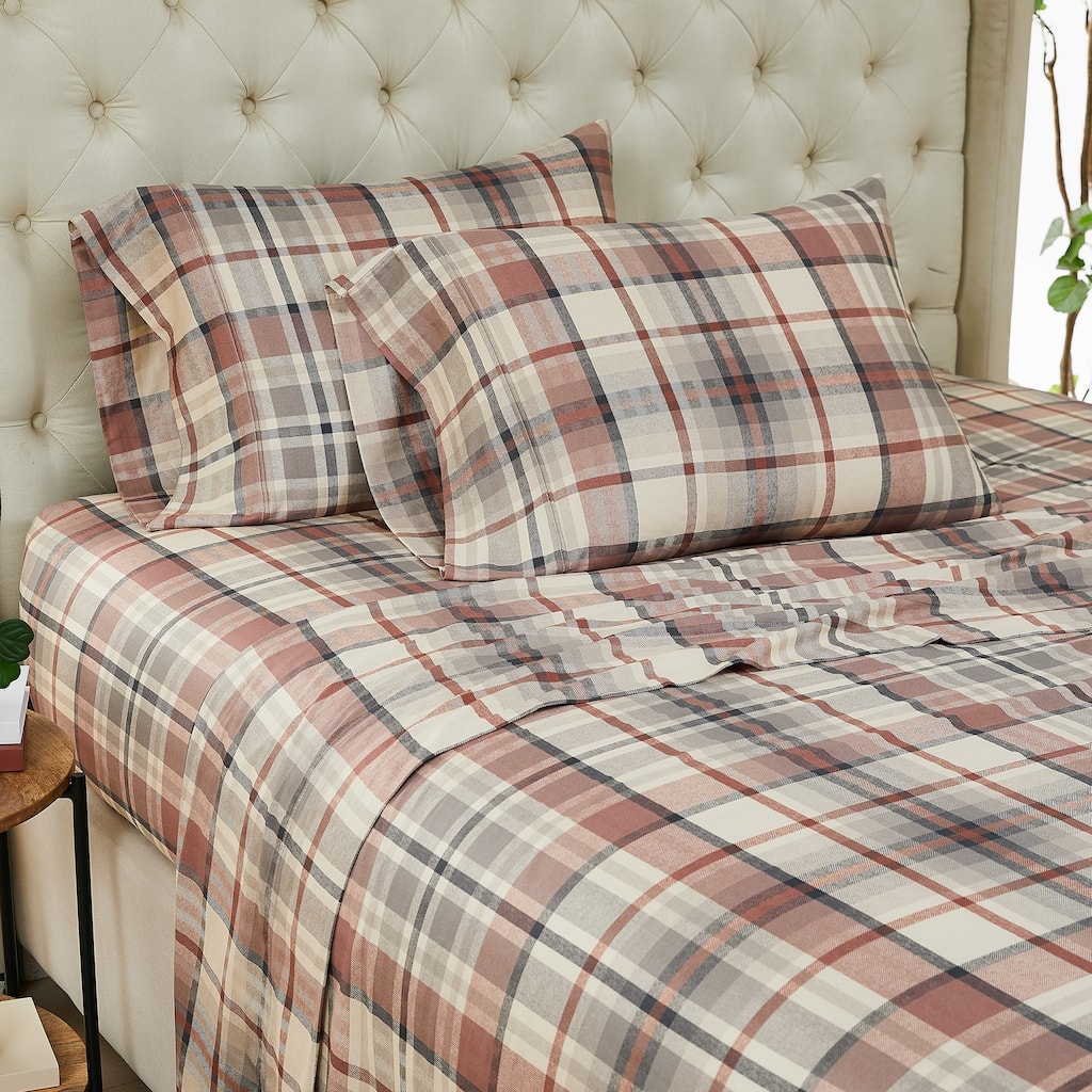 Highland 300 Thread Count Cotton Extra Deep Pocket Plaid 4-piece Bed Sheet Set