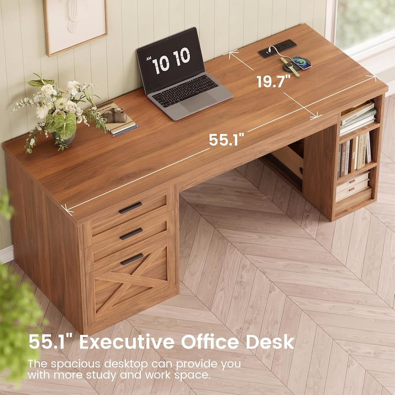 Farmhouse Executive L Shaped Desk Home Office Desk with Drawers and Storage Cabinet & Power Outlet
