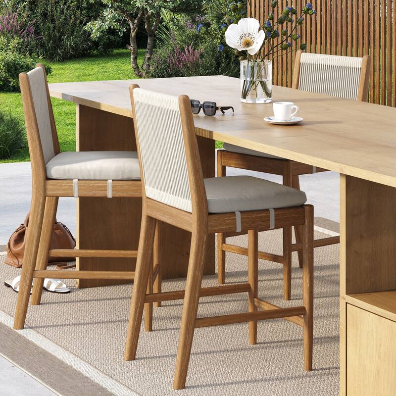 Kayden Solid Wood Dining Chair or Bar Stool with Woven Rope Backrest, Upholstered Stool for Kitchen or Bar