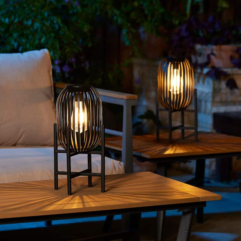 Glitzhome Outdoor Black Metal Striped Freestanding Solar Lantern Deck Lamp