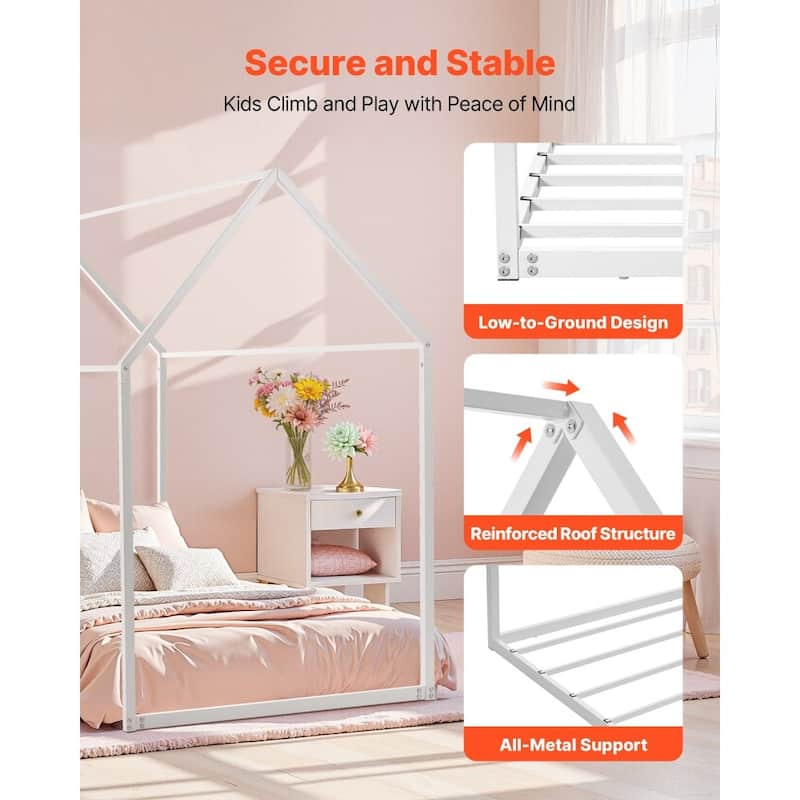 Twin Size White Metal Kids House Bed Frame with Floor Safety and Roof Creative Play Space