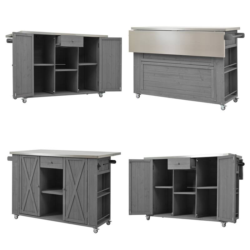 Outdoor Wood Kitchen Island w/ Stainless Steel Top,Towel,Bottle Opener