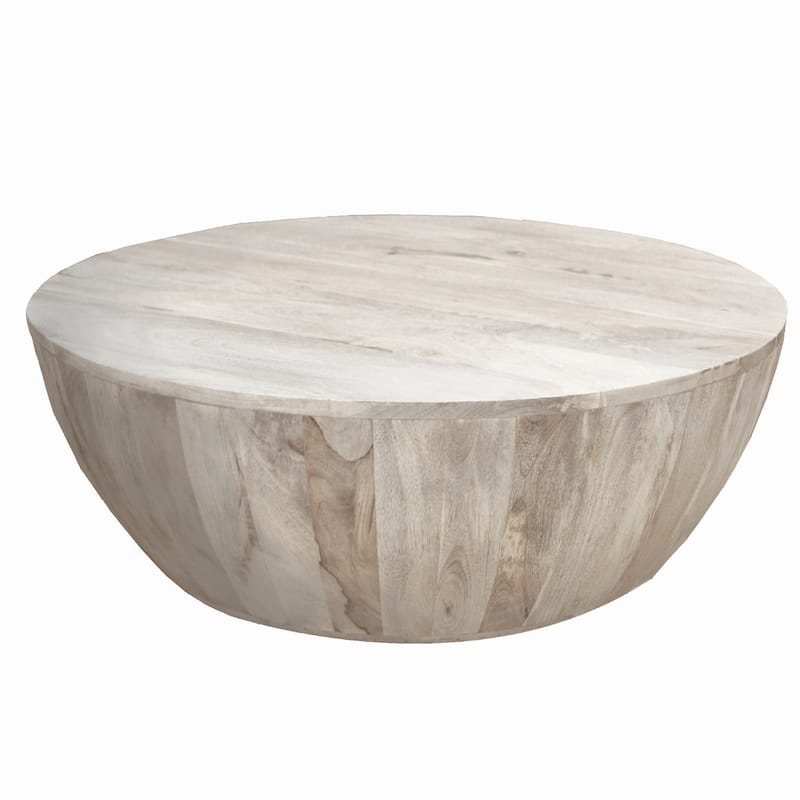 36 Inch Round Mango Wood Coffee Table, Subtle Grains, Distressed White - 35.5" x 35.5" x 12"