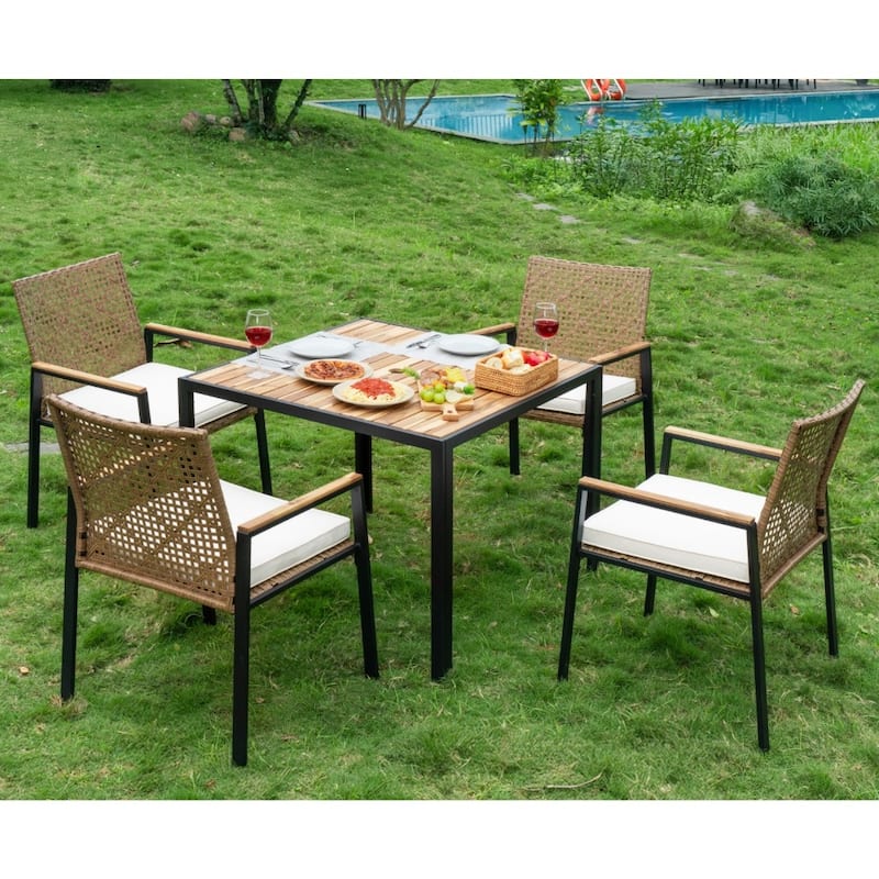 5-Piece Outdoor Steel Dining Table Set with Umbrella Hole, 4 Chairs - Yellow