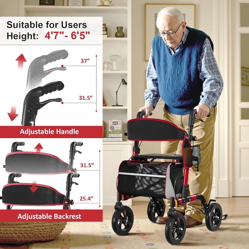 Walkers for Seniors, Rollator Walker with Seat, 350 lb Weight Capacity, 18" Big Seat, 8" All-Terrain Wheels - Red