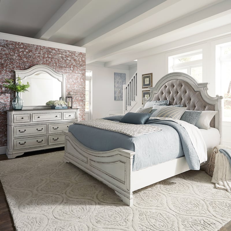 Magnolia Manor Upholstered Bed, and Dresser and Mirror Set - Antique White - King