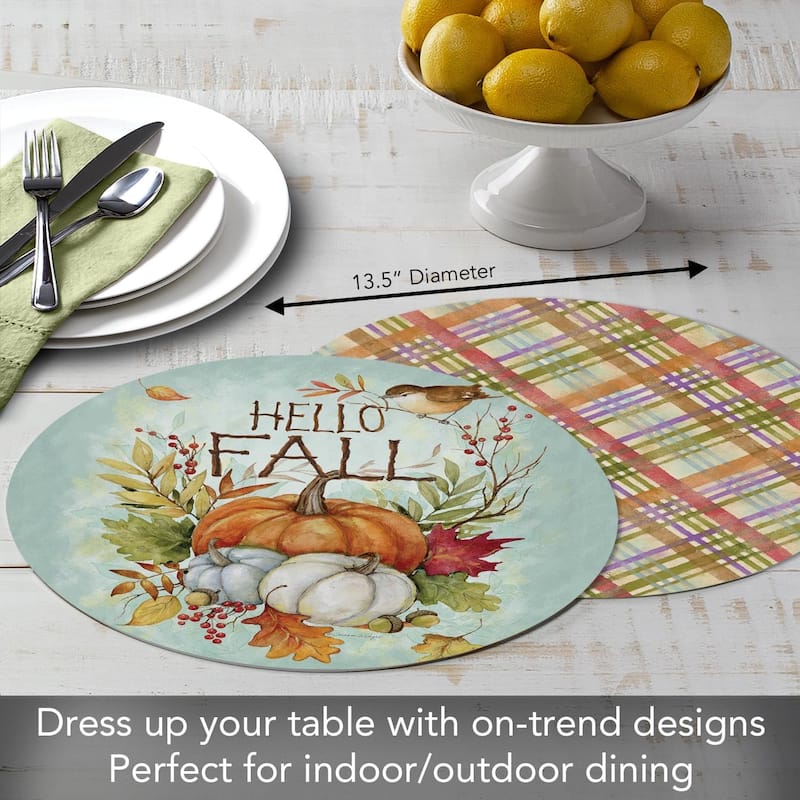 Harvest Blessings 4 Pack Round Reversible Easy Care Flexible Plastic Placemats Made in The USA Reversible Flexible, Wipes Clean