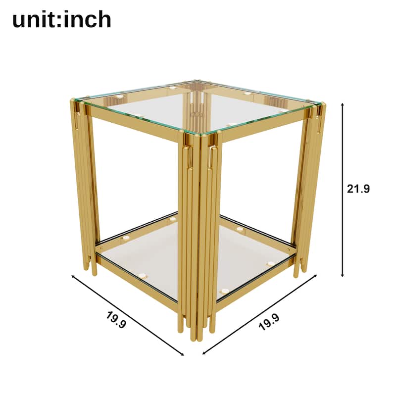 Square Gold & Glass End Table with 2-Tier Shelf and Sculptural Metal Frame by Harper&Bright Designs