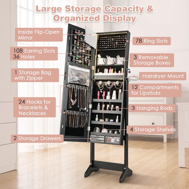 Gymax Standing Jewelry Cabinet Full Length Mirror Lockable w/ 3-Color