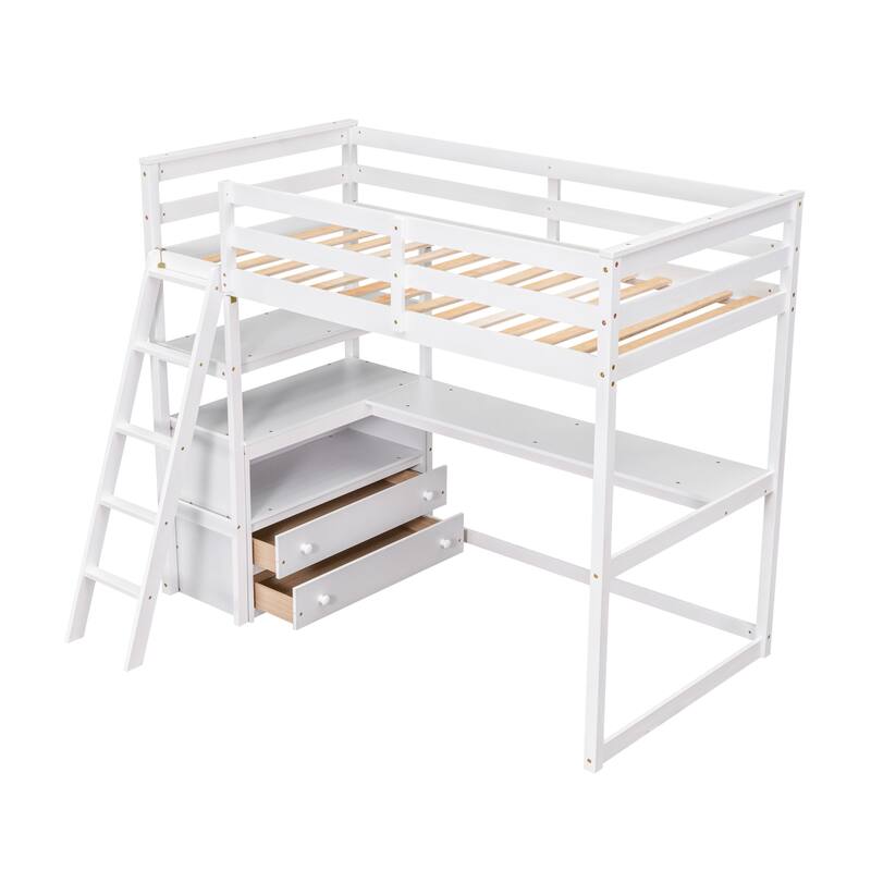 Twin Loft Bed with Desk, Shelves, and Drawers, White