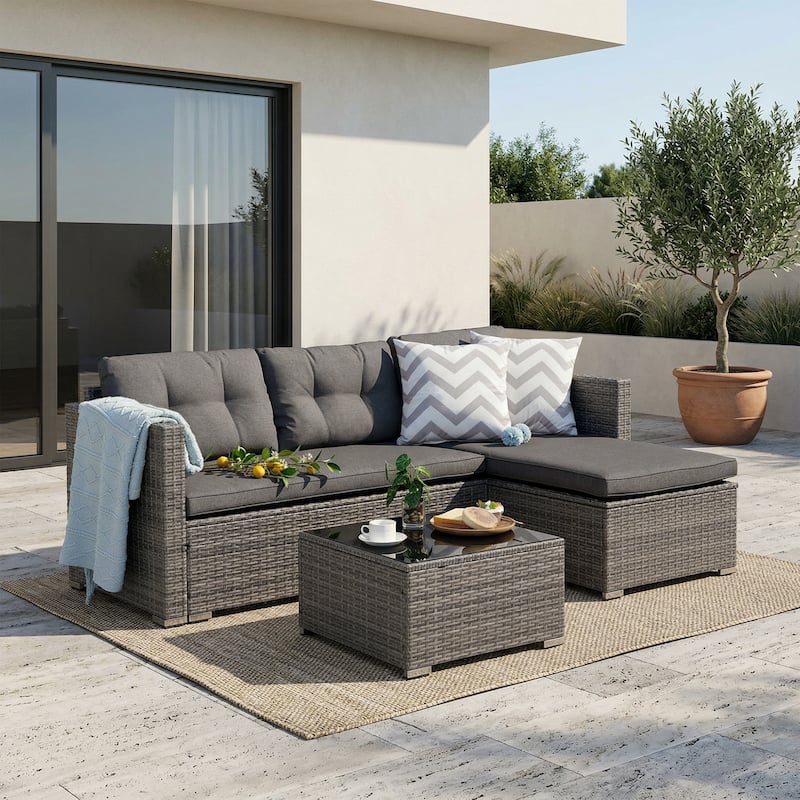 L-Shaped Outdoor Sectional Sofa, PE Wicker Patio Sofa Set with Table and Cushions - DarkGrey