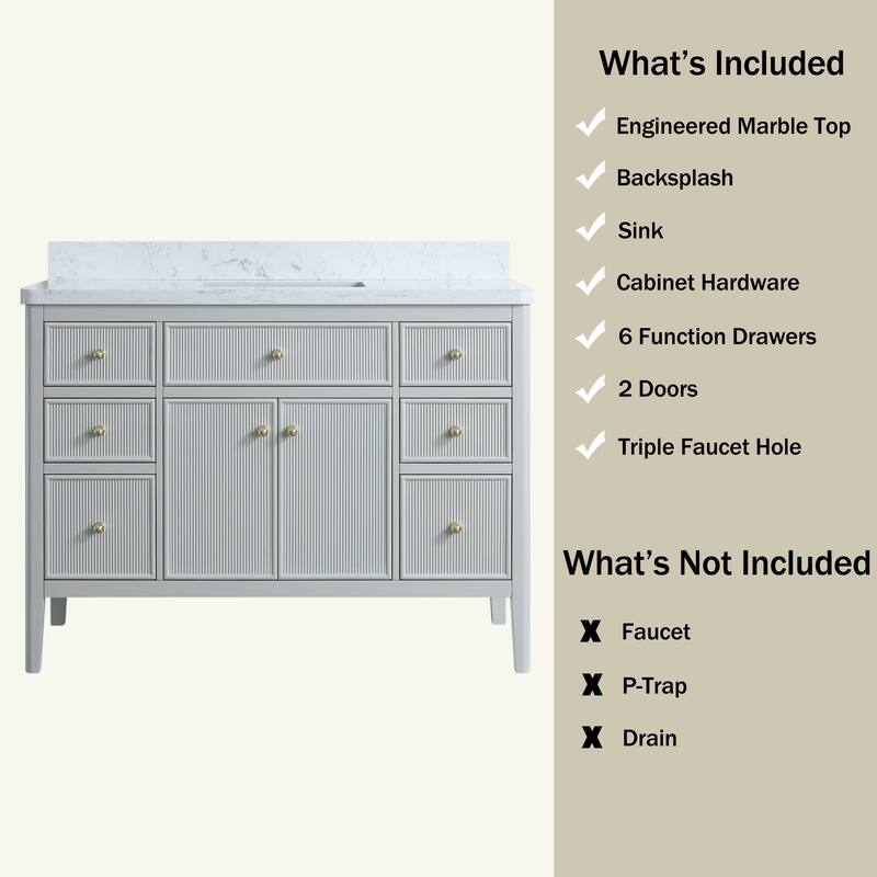 Modland 48" Bathroom Vanity with Sink, Soft Close Drawers & Doors, Carrara Marble Top, Fully Assembled - 48 inch