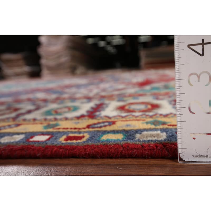 Geometric Kazak Area Rug Hand-Knotted Blue Oriental Wool Carpet - 8'10" x 11'8"