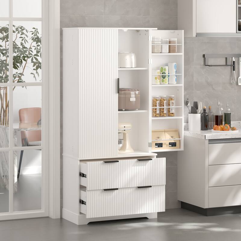 Pantry Storage with 2 Large Drawers, Tall Pantry Storage Cabinet with 8 Door Spice Rack, Freestanding Cupboard Cabinet