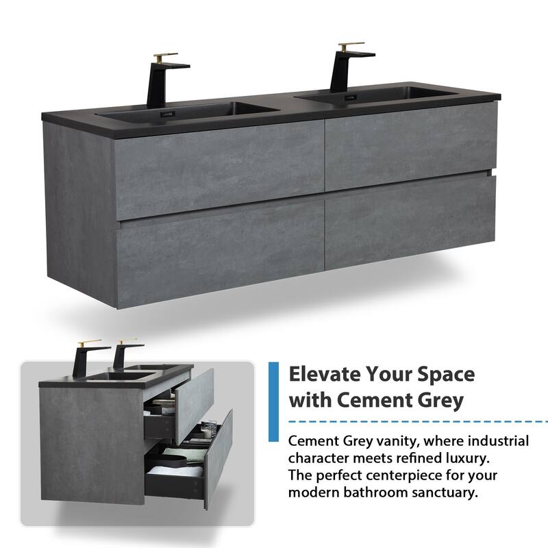 RupheonD 60" Cement Grey Bathroom Vanity with Black Quartz Top - 60 in. Vanity