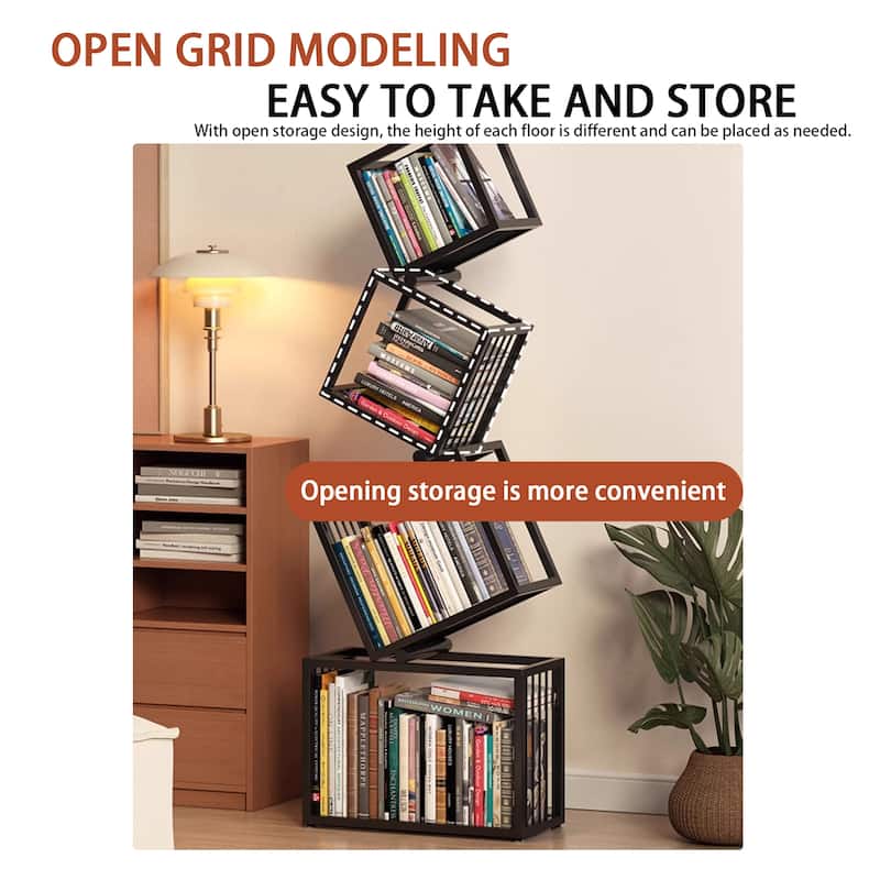 Freestanding Floor Shelf for Living Room, Black Open Grid Storage Rack