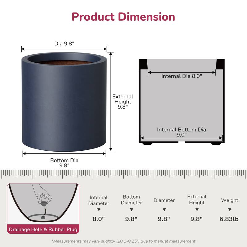 Concrete Tall Round Pot Cylindrical Flower Planter with Drainage Hole