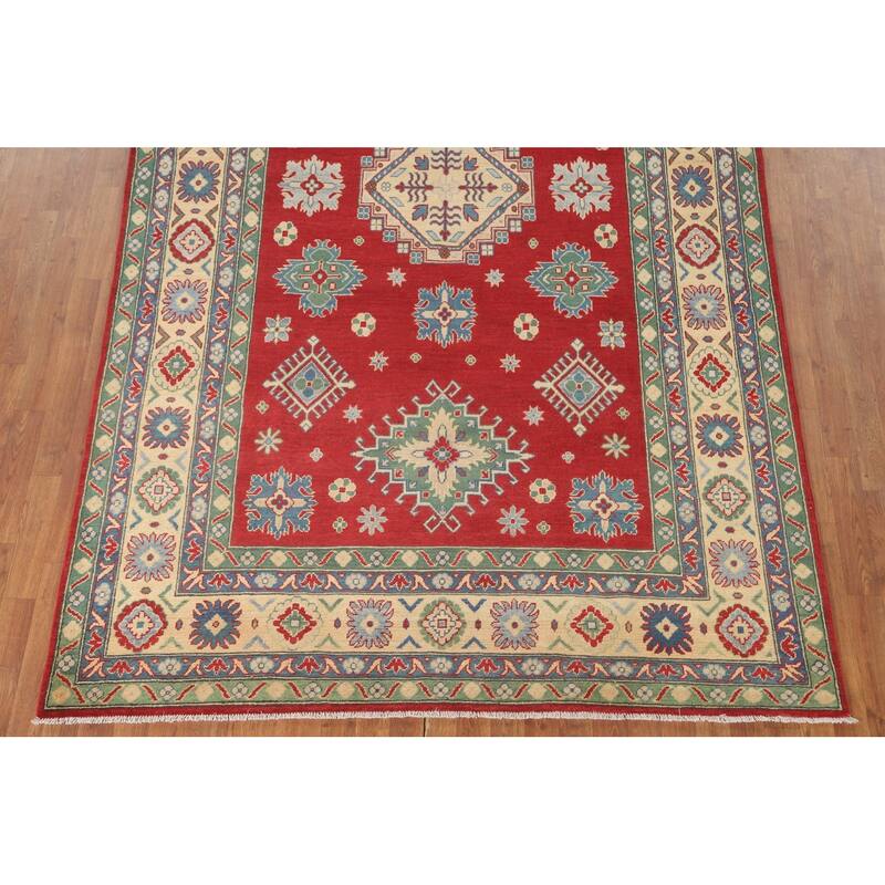 Geometric Red Kazak Area Rug Hand-Knotted Oriental Wool Carpet - 6'8" x 10'2"