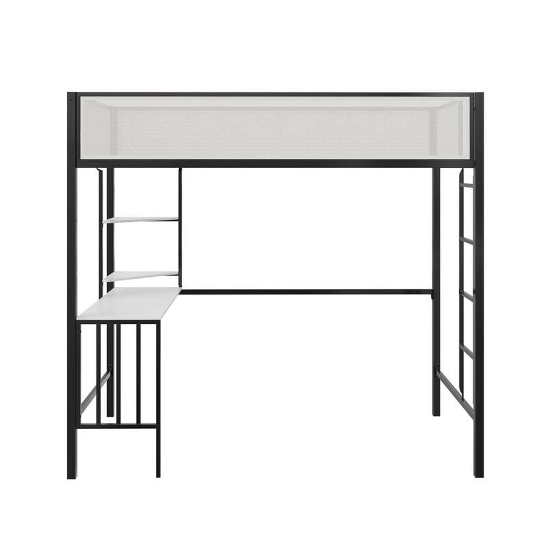 Roomfitters Axel Twin Metal Loft Bed with Desk and Shelves, Mesh Guardrails, Black and Off-White