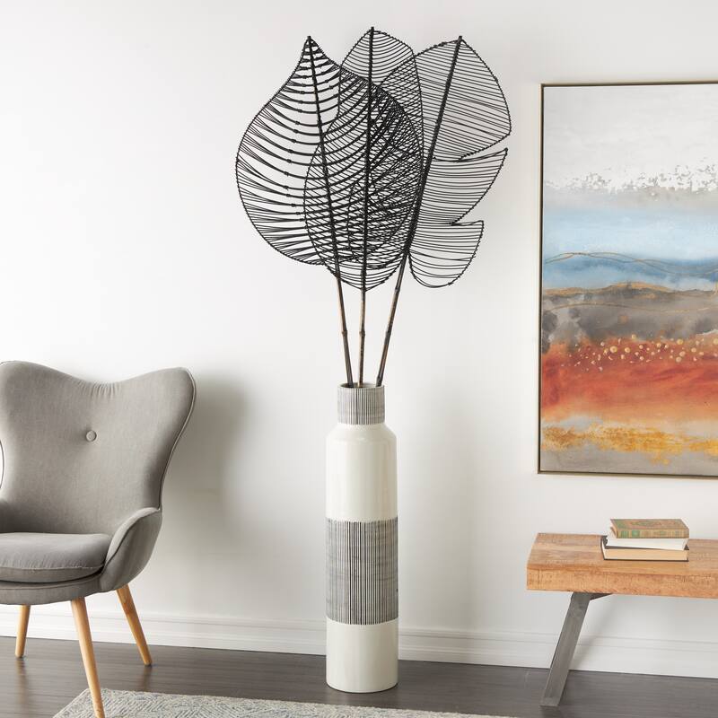 Black Bamboo Wood Handmade Tall Palm Leaf Woven Stick Leaf Home Decor Natural Foliage with Varying Shapes (Set of 3) - Black