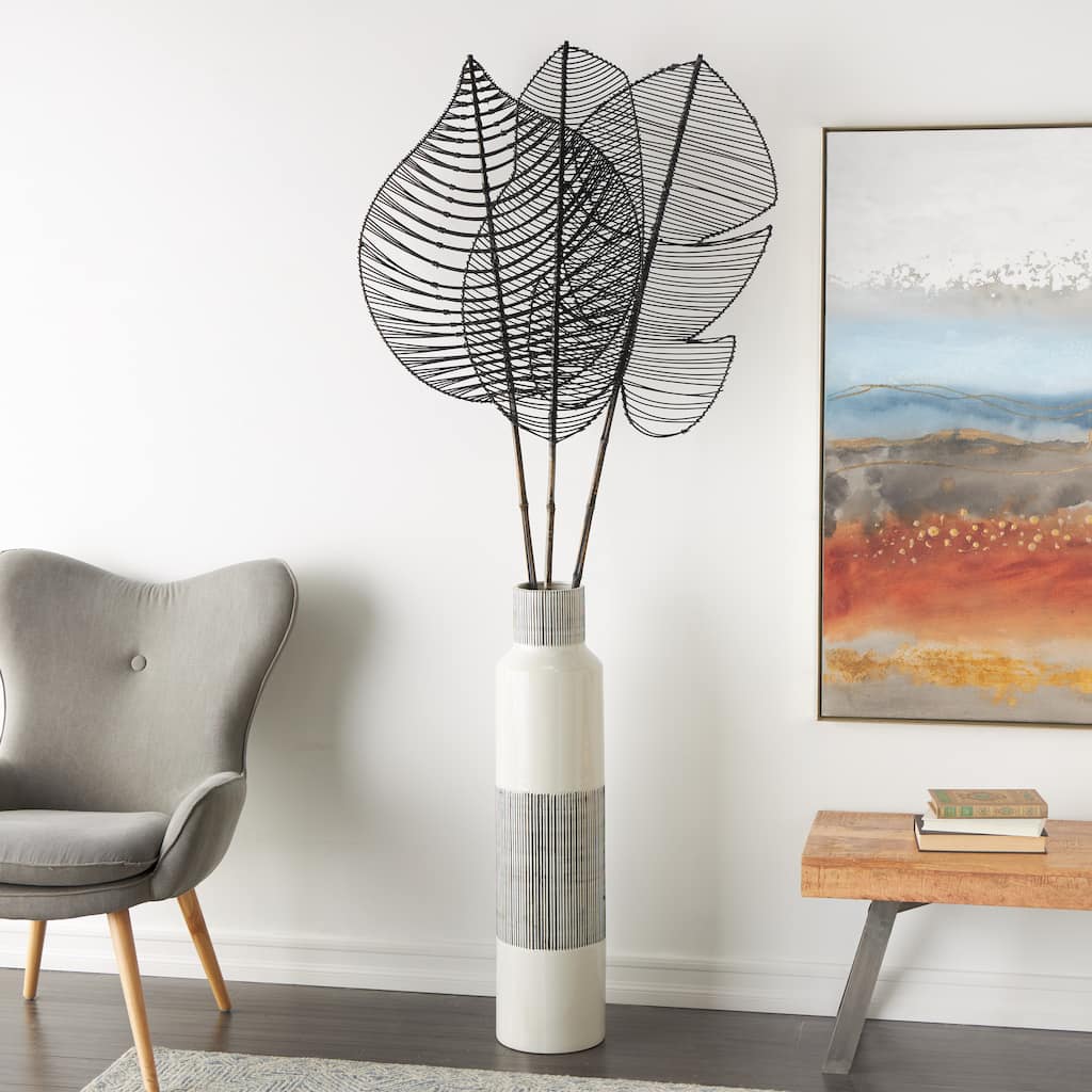 Black Bamboo Wood Handmade Tall Palm Leaf Woven Stick Leaf Home Decor Natural Foliage with Varying Shapes (Set of 3)