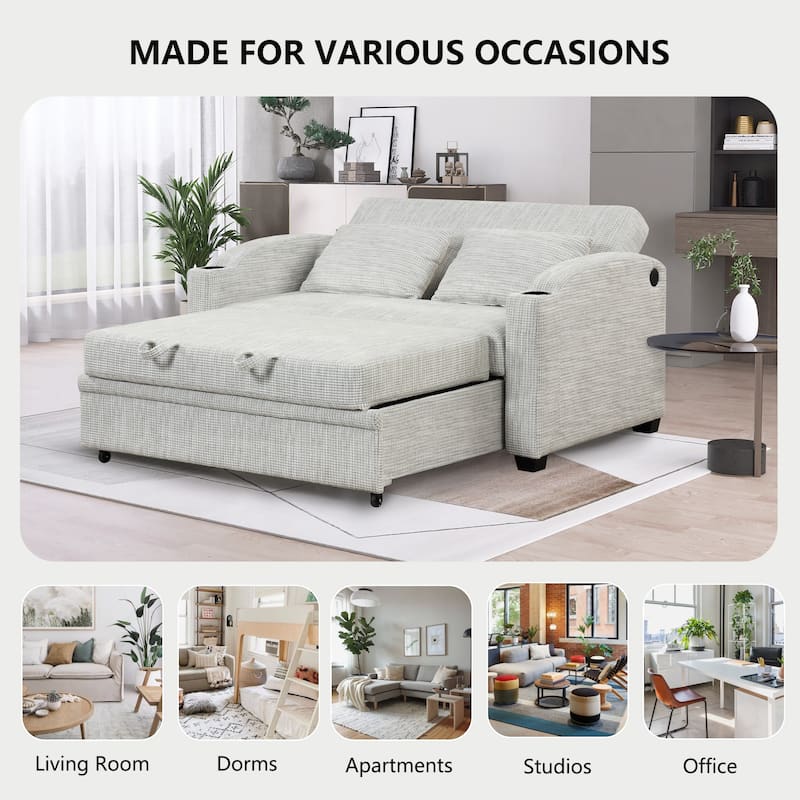 61.6" Pull Out Sofa Bed with Adjustable Backrest, 2 Pillows, Cup Holders & USB Ports, White Gray, Chenille