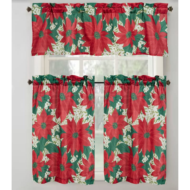 Christmas Flower Poinsettia Floral Kitchen Curtain - Red