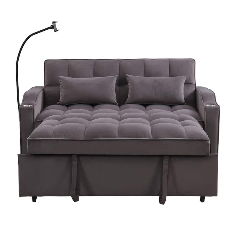Charcoal Grey Modern Velvet 3 in 1 Convertible Sleeper Loveseat Futon Sofa with Adjustable Reclining Backrest and Toss Pillows