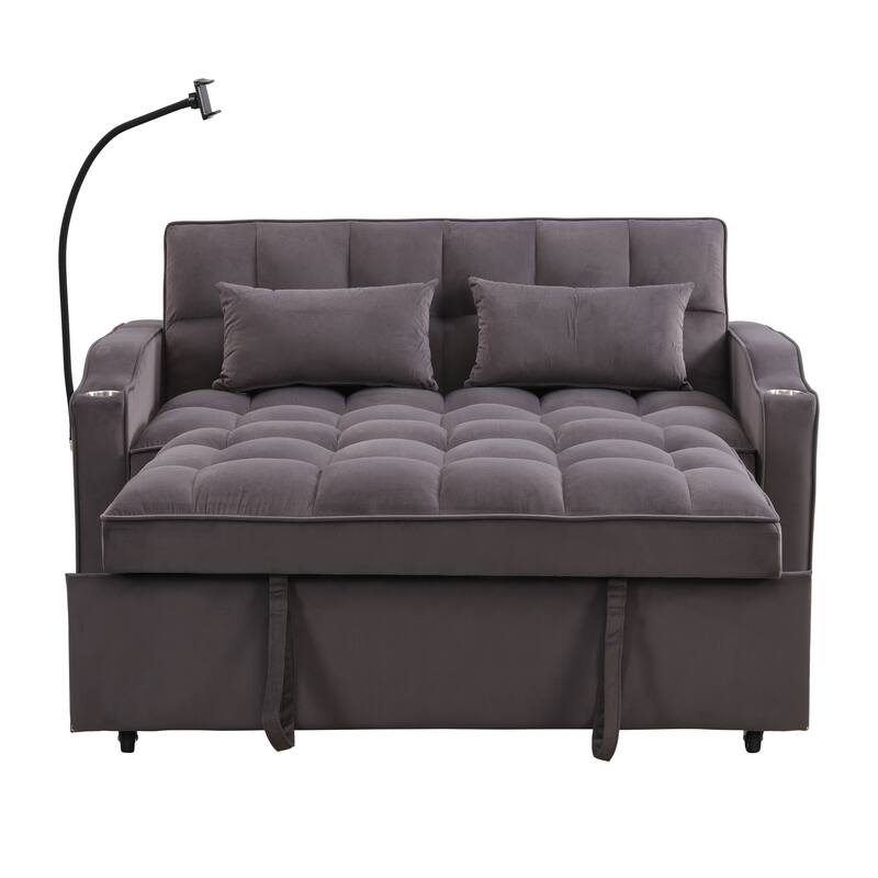 Pull-Out Sofa Bed with Phone Holder, Foldable Sleeper Sofa Bed with Two Pillows, Loveseat Sofa with Cup Holder