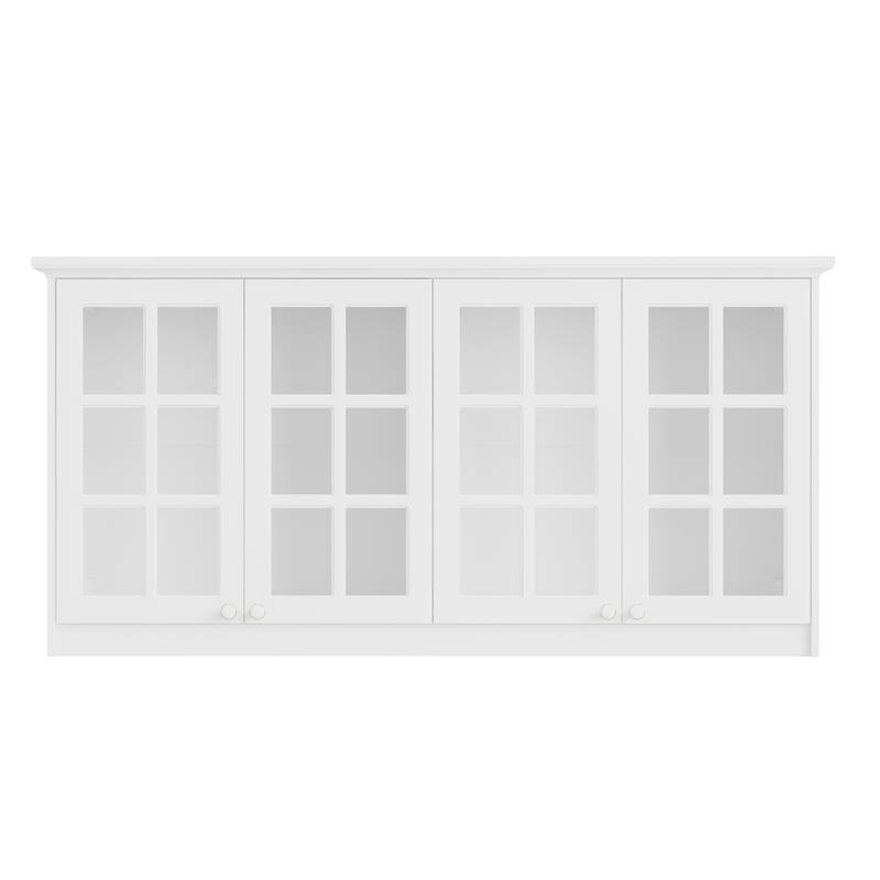 White Wall Cabinet with Glass Panel Doors, 4-Door Hanging Storage Unit for Kitchen, Coffee Bar, Laundry Bookshelves