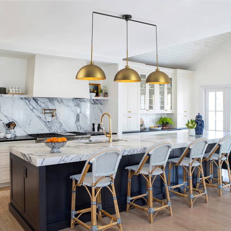 3-Light Modern Linear Chandelier Brass Cluster Dome Kitchen Island Light - W53.2"