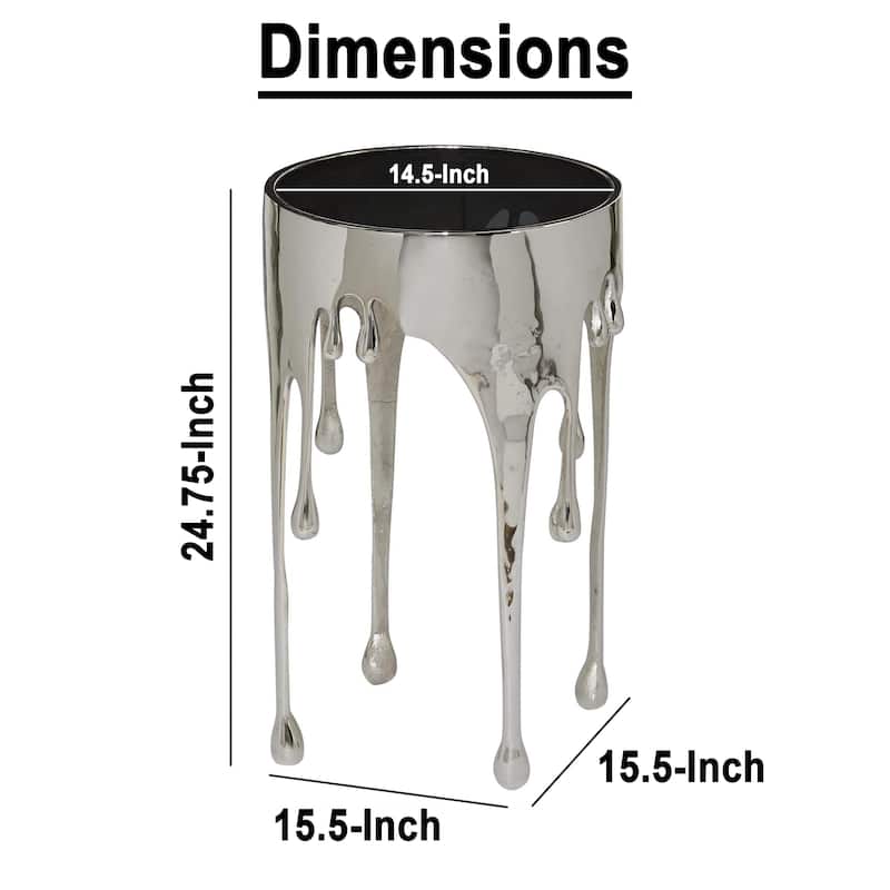 Capri Side End Table, 24.75 Inch Round Glass Top, Melting Drip Design, Silver