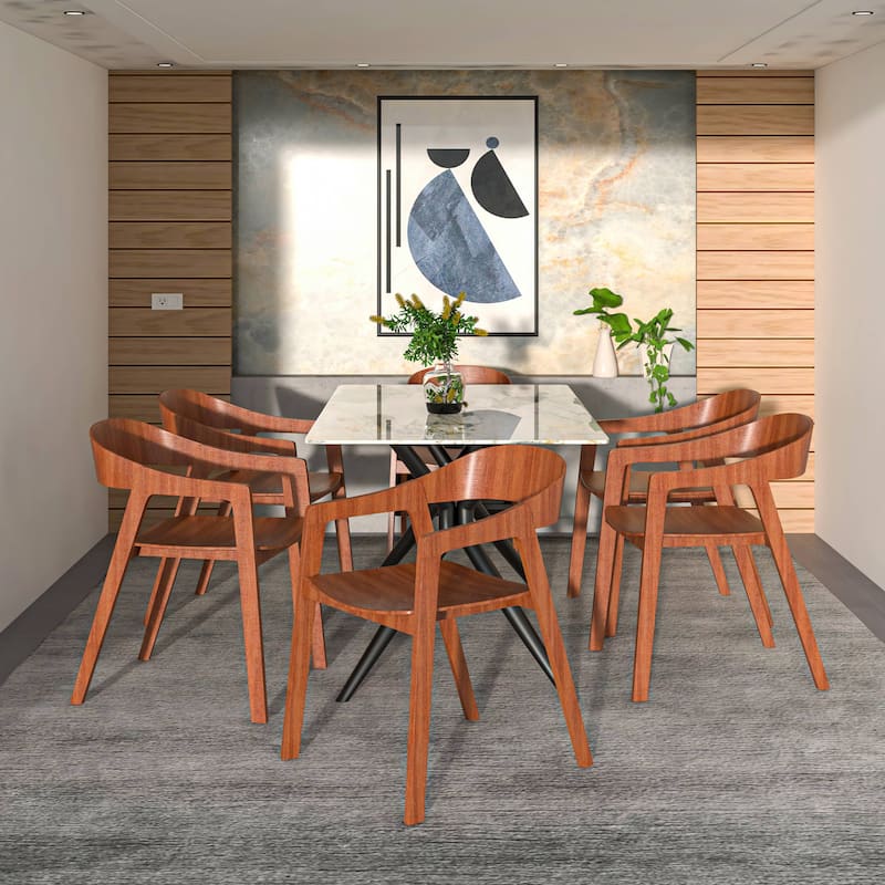 Dining Chair in Oak Wood with Open Back Design and Armrests Set of 2 Rivo Series
