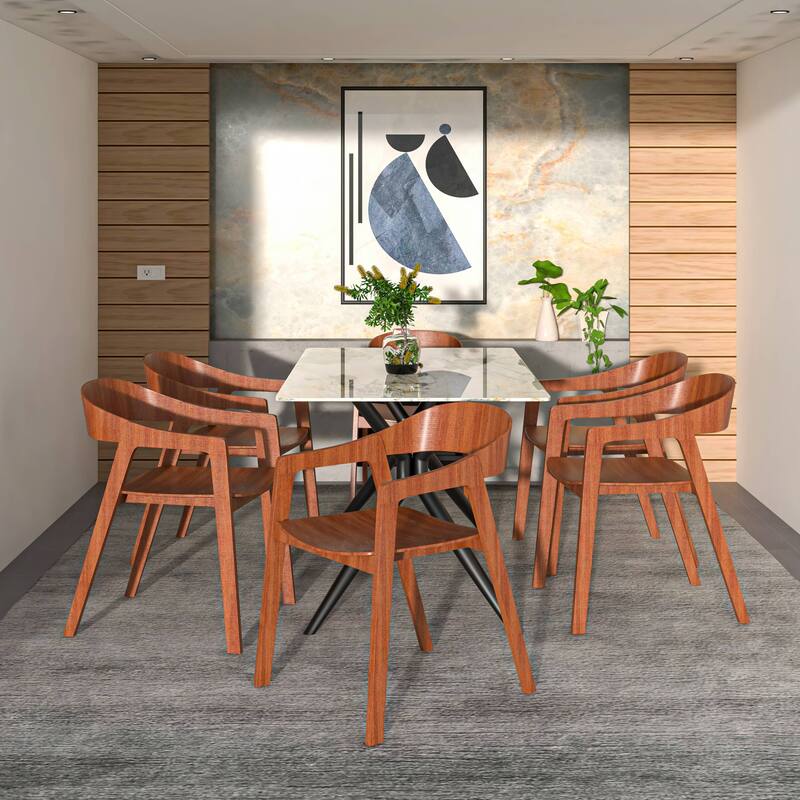 Dining Chair in Oak Wood with Open Back Design and Armrests Set of 4 Rivo Series