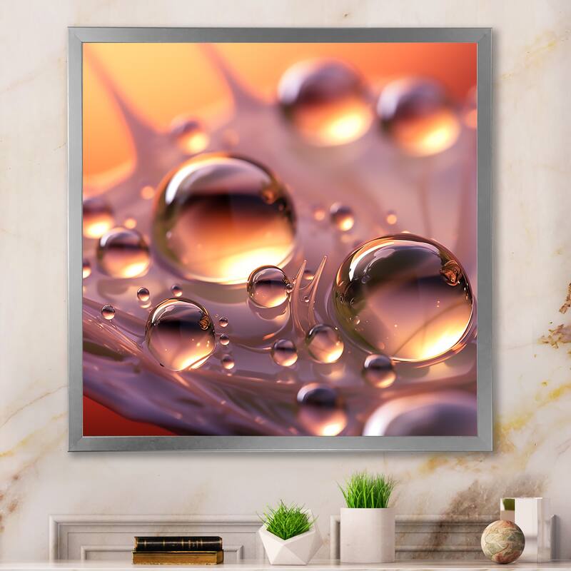 Designart "Morning Dew Drops On Pink Flower Petal" Flowers Framed Wall Art Prints - 24 in. wide x 24 in. high - Silver
