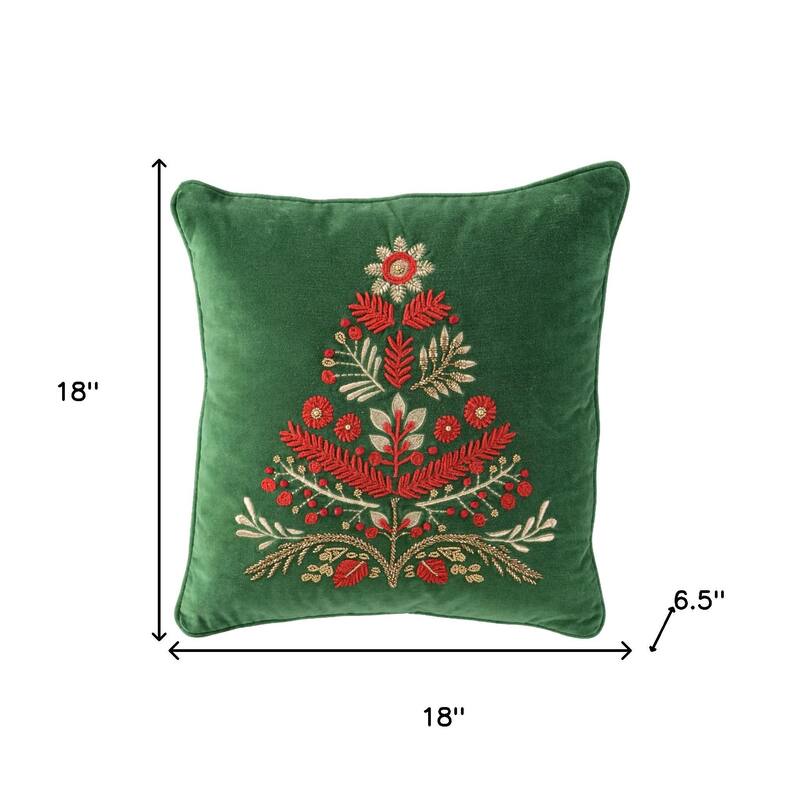 18" Green And Red Floral Velvet Cotton Christmas Tree Throw Pillow