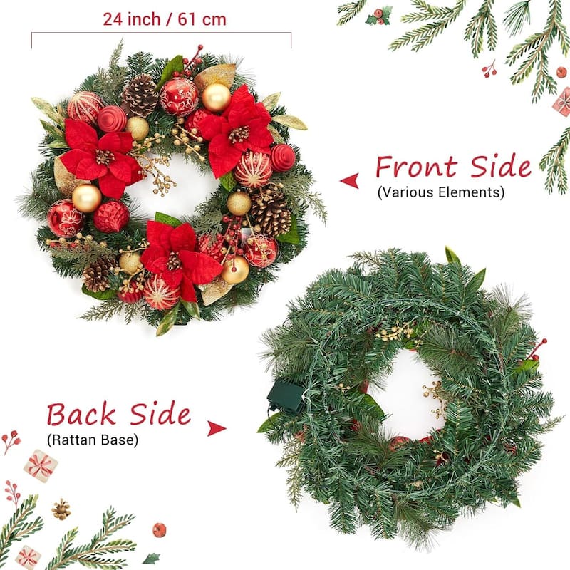 24 Inch Christmas Wreath with Lights for Front Door Wall Decor - N/A