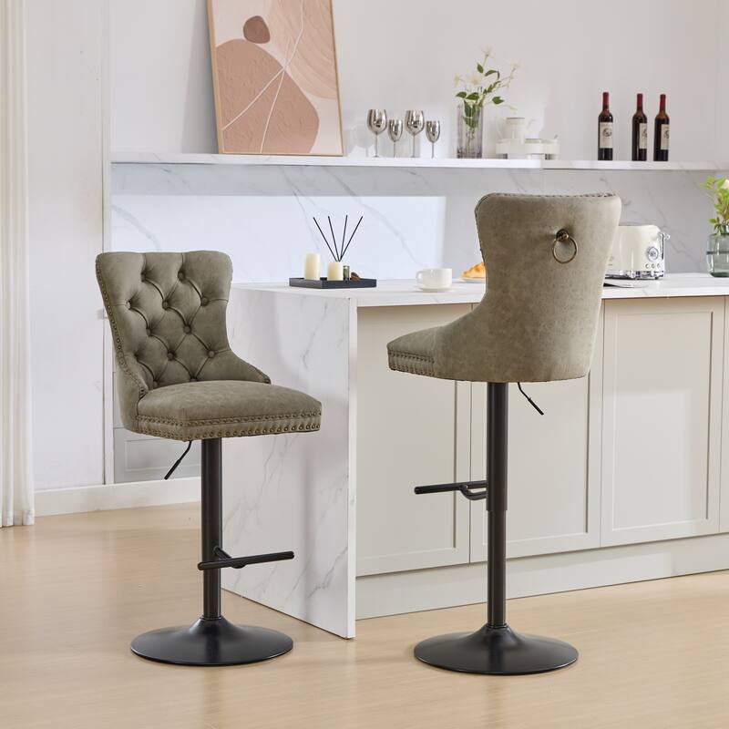 Swivel Barstools Set of 2 Adjusatble Bar Stools w/ Tufted and Footrest - Olive Green