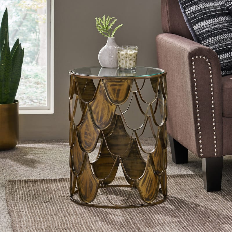 16" Boho Glam Designed Round Side Table with Tempered Glass Top and Iron Frame