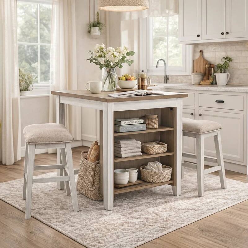 3 Piece Counter Height Table and Barstool Set, Antique White and Brown