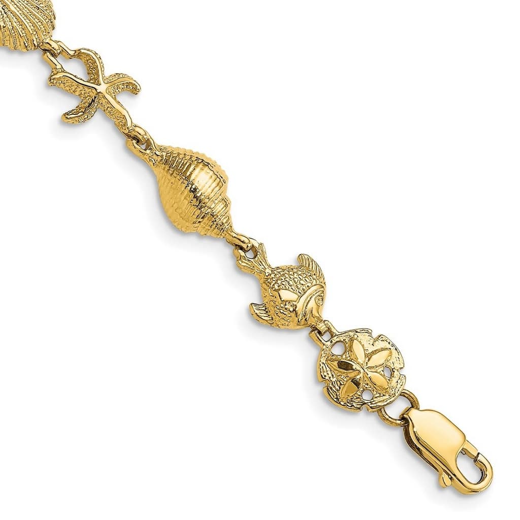 Curata 14k Yellow Gold 7.25" 8.75mm Nautical Sea Shells, Turtles, Starfish Statement Bracelet