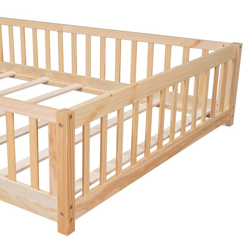 Full size Floor Platform Bed with Fence and Door, White