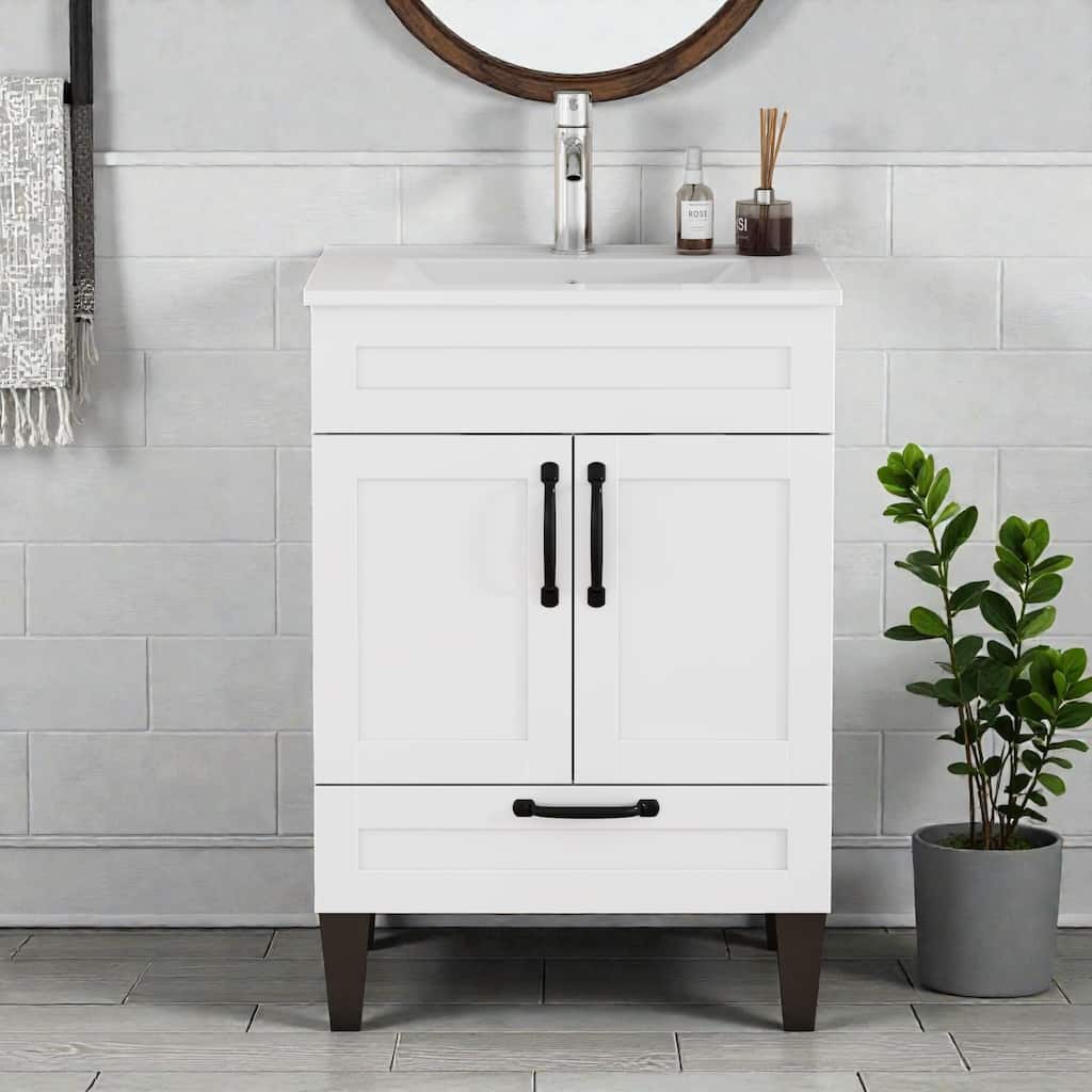 24" Bathroom Vanity Cabinet with 2 Doors and Drawers, Soft-Close Hinges, Black Metal Handles and Feet
