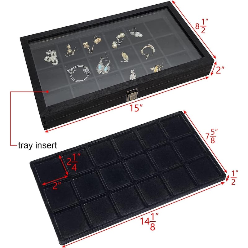 Natural Wood Glass Top Jewelry Display Case Accessories Storage Box with Metal Clasp & Removable 18 Compartments - S