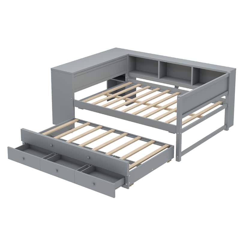 Roomfitters Twin/Full Size Wood Daybed with Trundle, Storage Drawers, Side Shelves & Built-in Desk, No Box Spring Needed