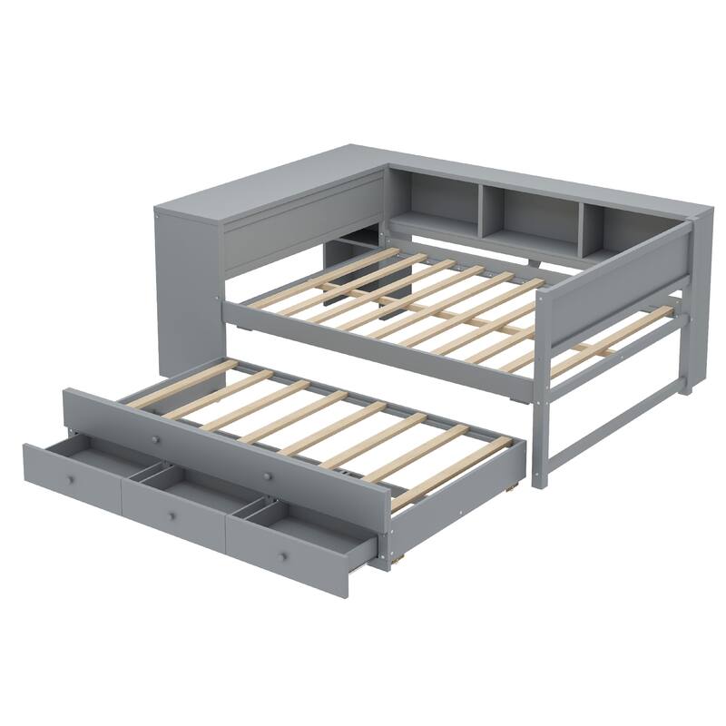 Versatile Full Size Daybed with Trundle Storage Captains Bed with Drawers Wooden Platform Bed Frame with Desk and Book Shelves